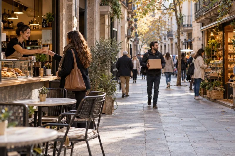 Una trabajadora entrega un pedido en una cafetería de una calle comercial española mientras un repartidor lleva un paquete sin marca.