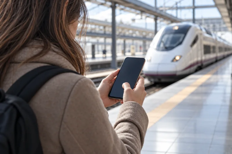 Una viajera consulta su móvil en el andén mientras un tren de alta velocidad se aproxima al fondo.