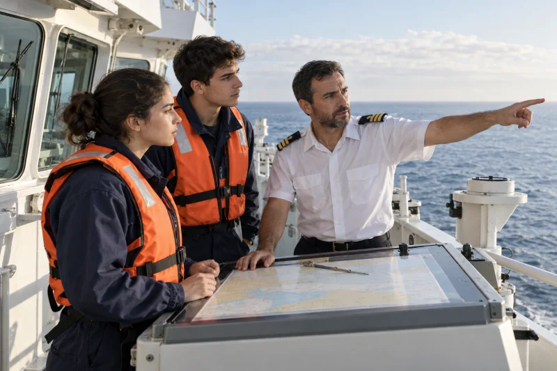 Dos estudiantes con chalecos de seguridad siguen las indicaciones de un oficial en la cubierta de un buque mercante.