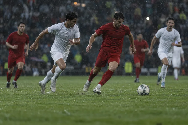 Futbolistas con equipaciones rojas y blancas disputan el balón sobre el césped húmedo, con el público desenfocado al fondo