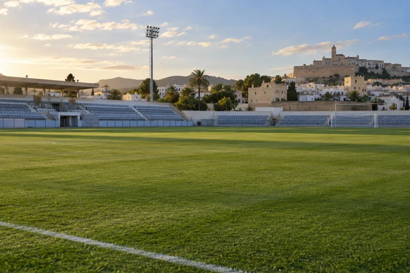 Campo de fútbol vacío al atardecer junto a una grada baja y edificios mediterráneos.