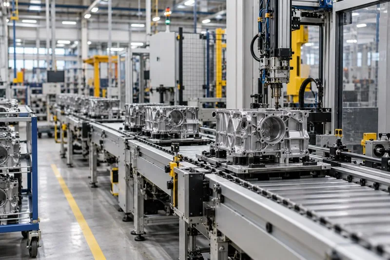 Línea automatizada de montaje con piezas metálicas y maquinaria dentro de una fábrica.