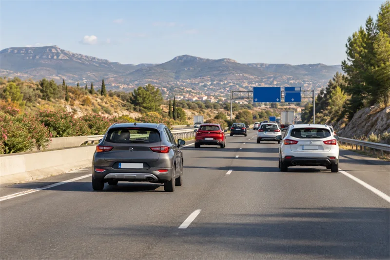 Vehículos circulan por una autovía española entre colinas en un día despejado.