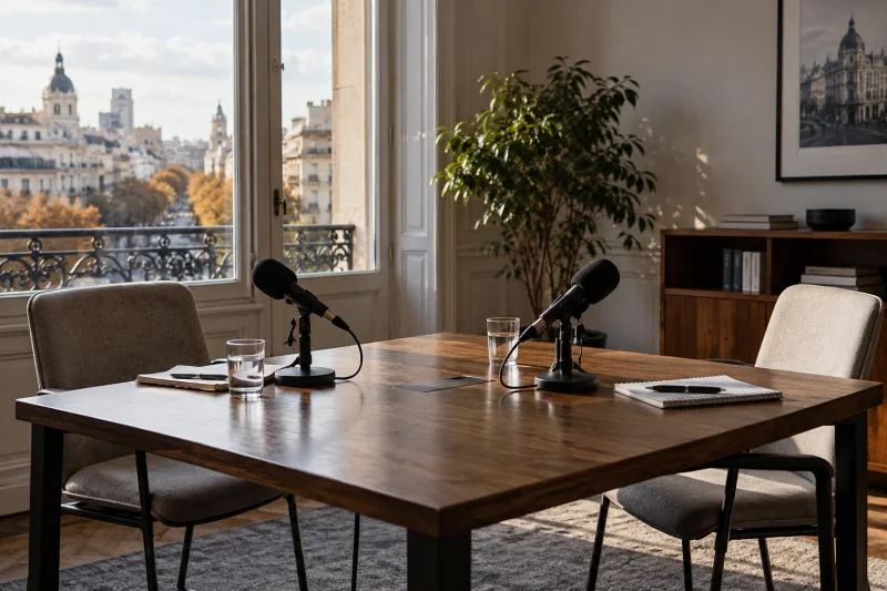 Dos micrófonos y dos sillas frente a una mesa de entrevista en una sala vacía, con una ventana a la ciudad.