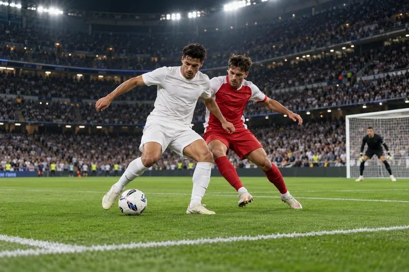 Dos futbolistas, uno con uniforme blanco y otro con uniforme rojo, disputan el balón ante la portería de un estadio lleno e iluminado.