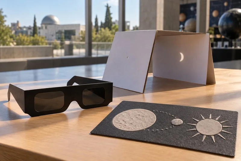Gafas de observación solar junto a un proyector de orificio que muestra una imagen parcial del Sol en una tarjeta a la sombra