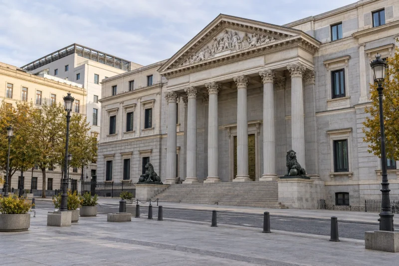 Fachada del Congreso de los Diputados en Madrid, con leones de piedra frente a la escalinata.