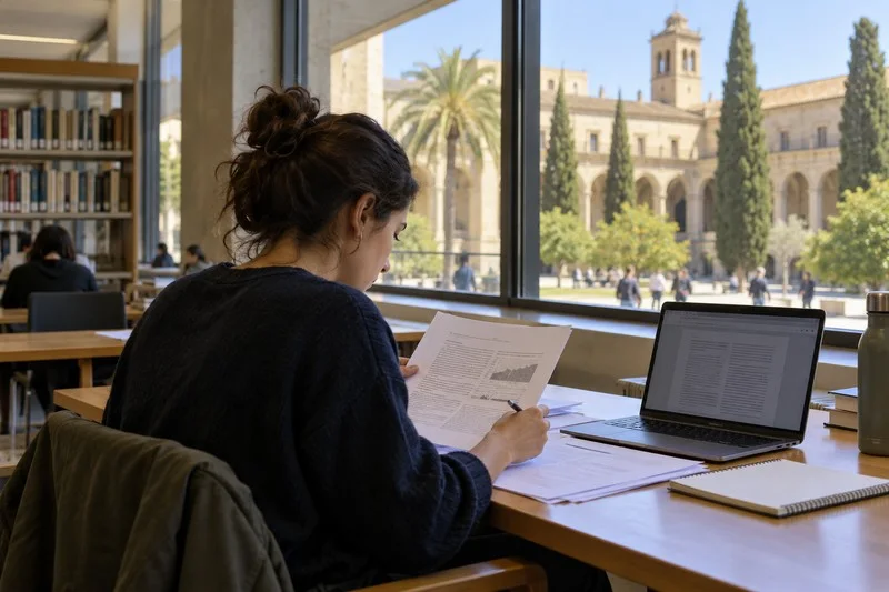 Una persona investigadora revisa documentos junto a un portátil en una biblioteca universitaria, con un campus al fondo.