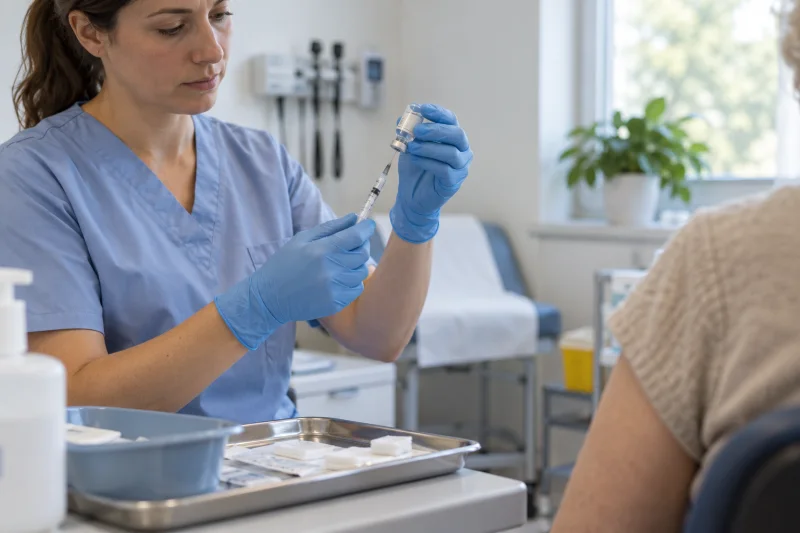 Profesional sanitaria con guantes prepara una jeringa junto a un vial en una consulta, con un paciente fuera de foco.
