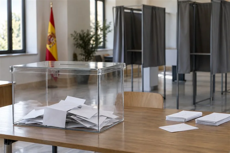 Una urna electoral transparente junto a papeletas en blanco, con cabinas de votación y una bandera de España al fondo.