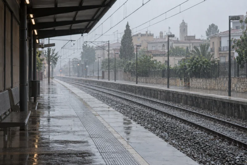 Andén ferroviario vacío bajo una lluvia intensa, con vías mojadas y edificios de una localidad al fondo.