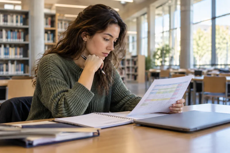 Estudiante universitario revisa una hoja de planificación académica en una biblioteca.