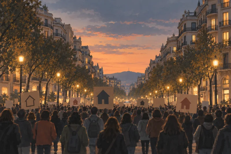 Ilustración editorial de una concentración por el derecho a la vivienda en una avenida de Barcelona al atardecer, con carteles que muestran viviendas.