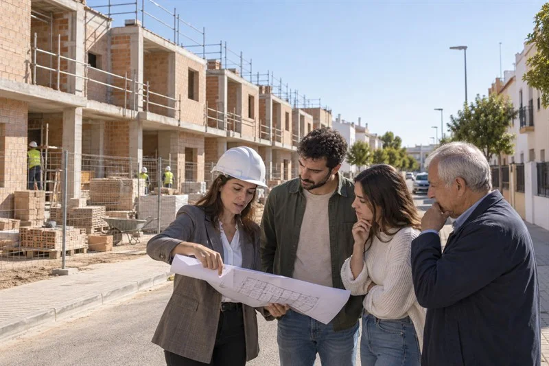 Una arquitecta muestra planos a tres vecinos ante una hilera de viviendas en construcción.