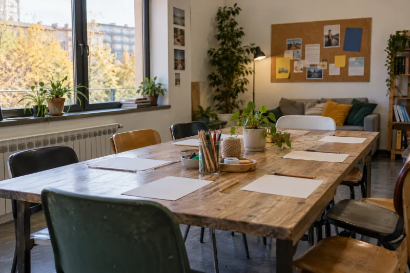 Sala comunitaria preparada para un taller, con una mesa de trabajo, hojas en blanco, lápices y sillas.