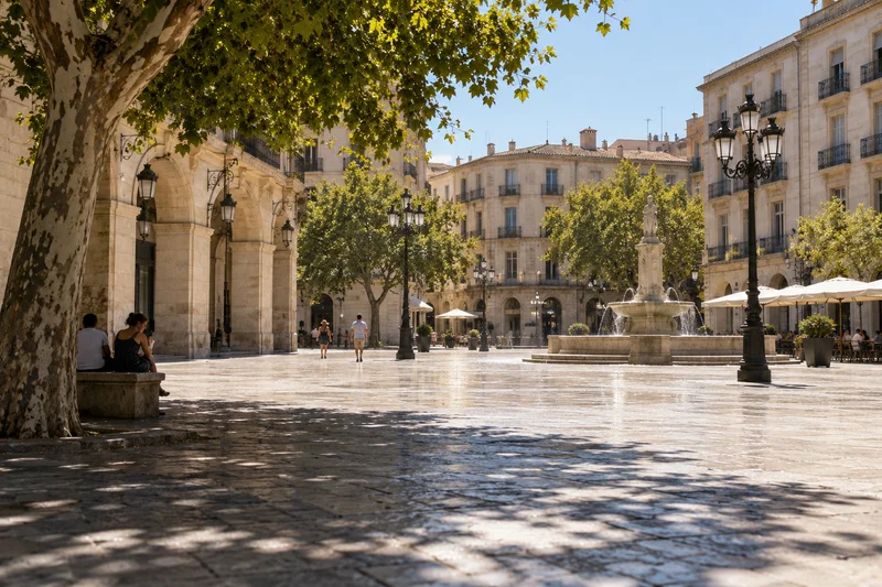 Plaza urbana europea bajo el sol de mediodía, con edificios claros, una fuente y varias personas sentadas a la sombra de un árbol.