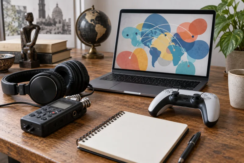 Auriculares, grabadora, mando de videojuegos y ordenador con formas abstractas sobre una mesa.