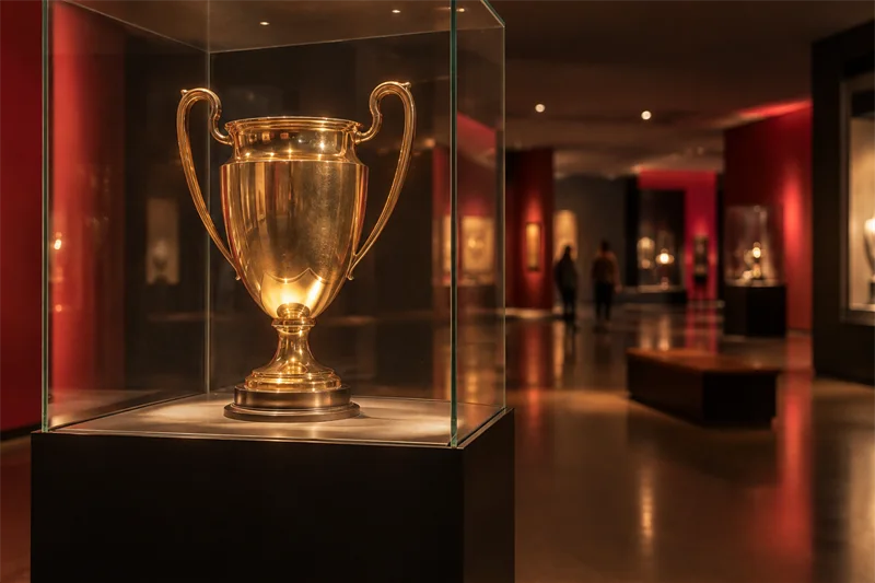 Una copa dorada genérica bajo una vitrina en una sala de exposición contemporánea.