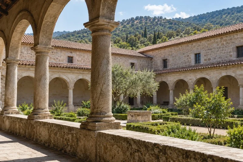 Claustro de piedra de un monasterio histórico, con arcos en torno a un patio y montes arbolados al fondo.