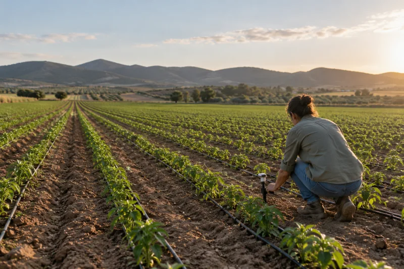 Una persona comprueba un sensor junto a las líneas de riego de un campo de cultivo.